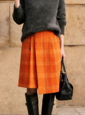 欧货高端定制亮橙色毛呢大码半身裙女2026早春新款细格纹A字裙子