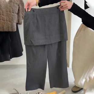 高端定制灰色细竖条纹大码阔腿裤女2026春夏新款慵懒假两件休闲裤