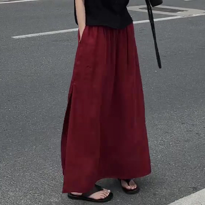 安可拉红高腰薄款休闲裤开叉裙女2025春夏新款纯色时髦洋气直筒裙,女装/女士精品,大码半身裙,淘宝优惠券,粉丝福利购,淘宝优惠卷