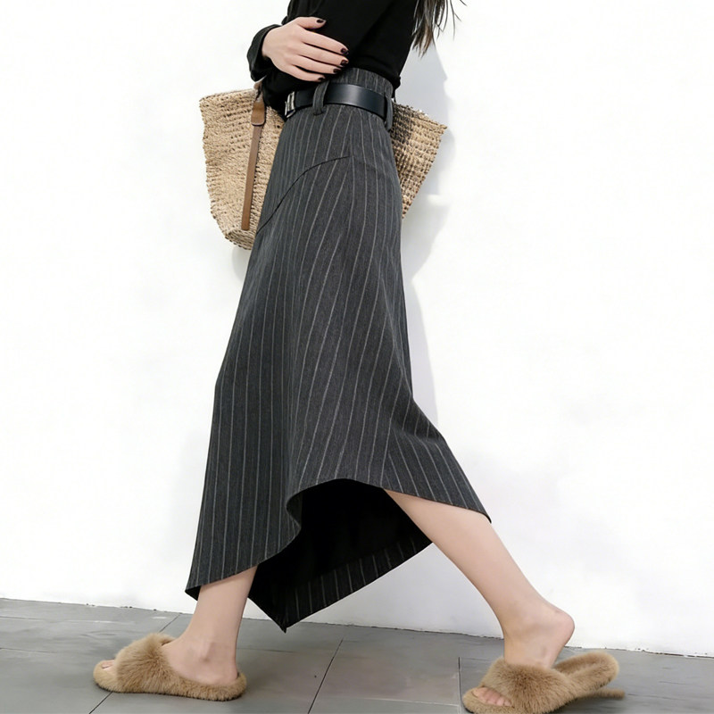 高端定制深灰色毛呢大码半身裙女2026早春新款不规则条纹A字裙子,女装/女士精品,大码半身裙,淘宝优惠券,粉丝福利购,淘宝优惠卷