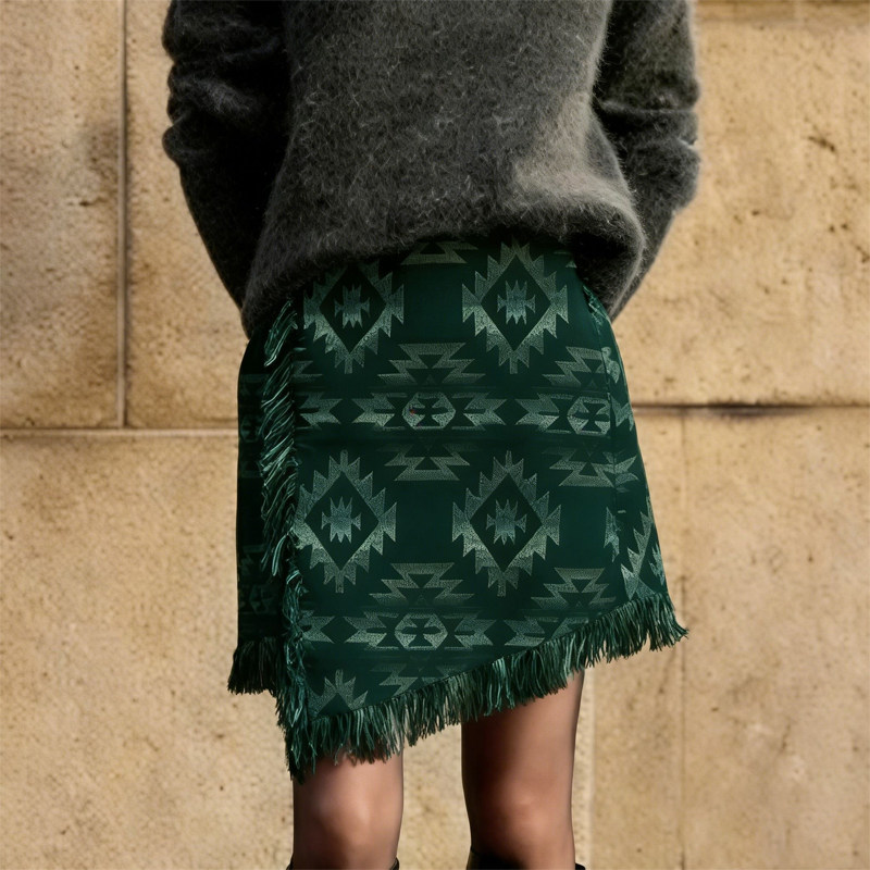 欧货高端定制墨绿色大码半身裙女2026早春新款民族几何纹样A字裙,女装/女士精品,大码半身裙,淘宝优惠券,粉丝福利购,淘宝优惠卷