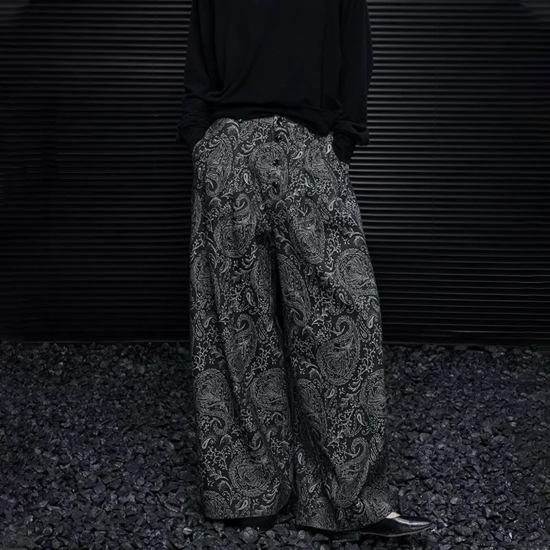 欧货高端定制黑灰色纹样阔腿裤女