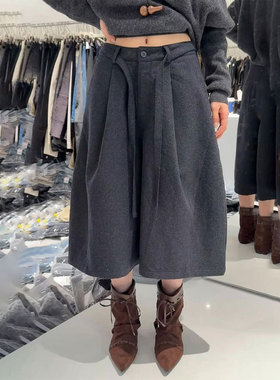 欧货高端定制灰色大码阔腿裤女2026春季新款百搭七分设计感休闲裤