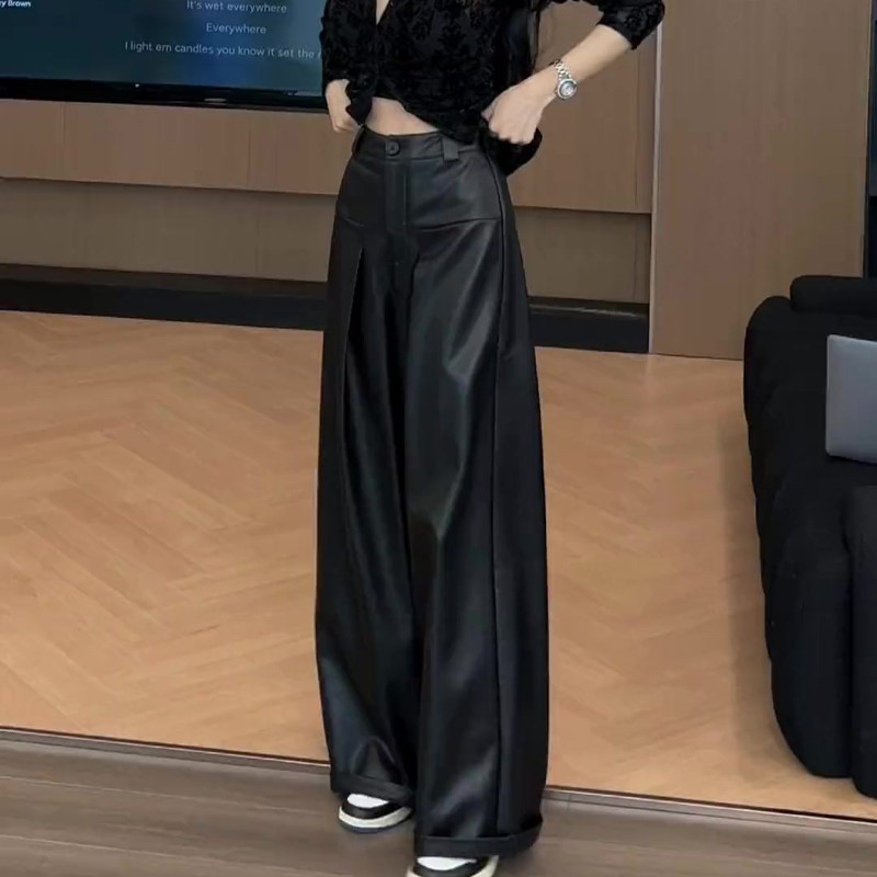 欧货高端定制黑色大码阔腿pu皮裤