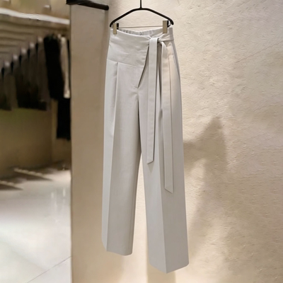 高端定制浅灰色大码系带阔腿裤女