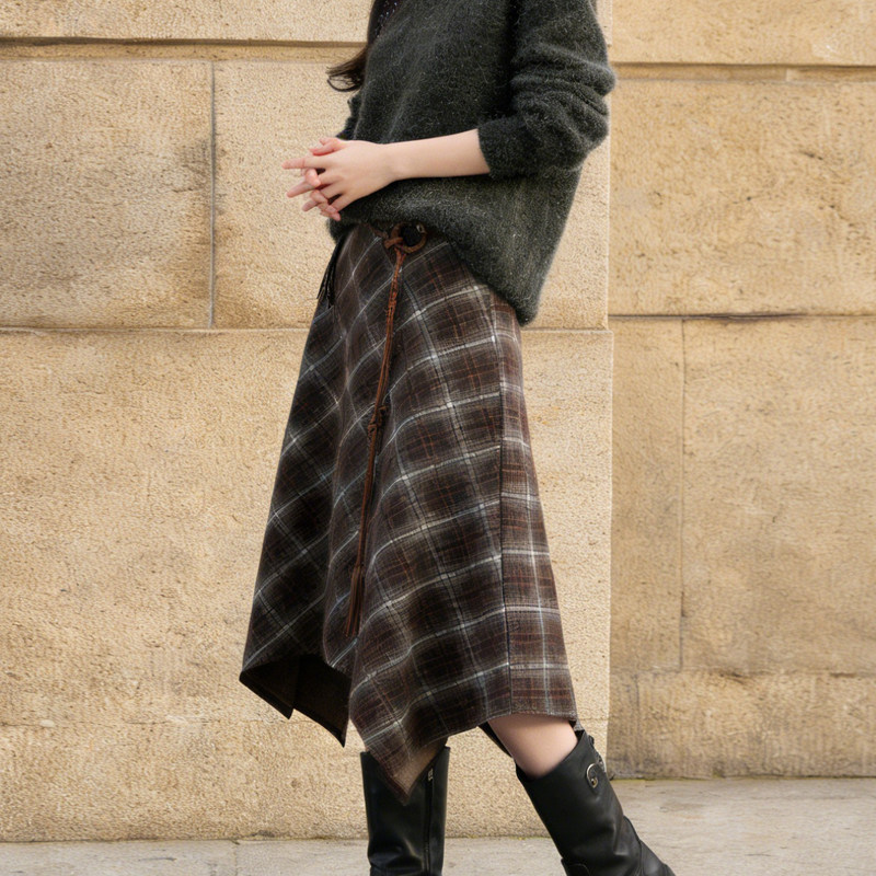 高端定制咖啡色毛呢大码半身裙女2026早春新款格纹不规则A字裙子,女装/女士精品,大码半身裙,淘宝优惠券,粉丝福利购,淘宝优惠卷