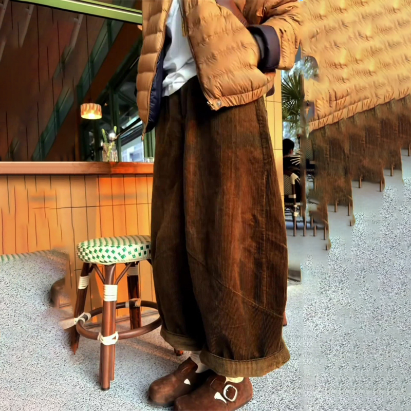 欧货高端定制咖色灯芯绒阔腿裤女