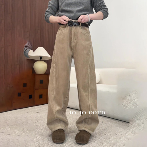 高端定制卡其色灯芯绒大码阔腿裤