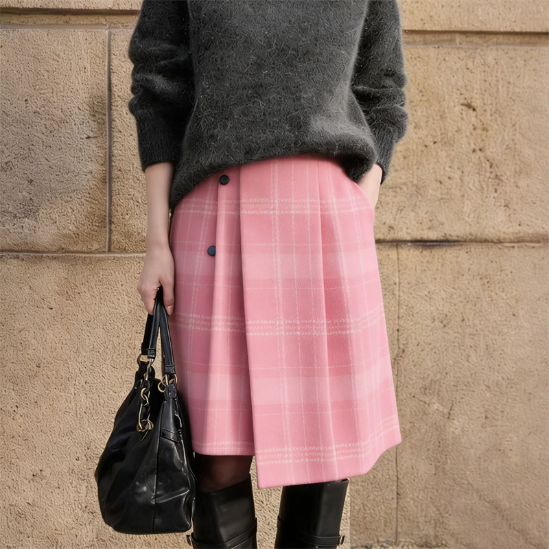 欧货高端定制浅粉色毛呢大码半身裙女2026早春新款细格纹A字裙子,女装/女士精品,大码半身裙,淘宝优惠券,粉丝福利购,淘宝优惠卷