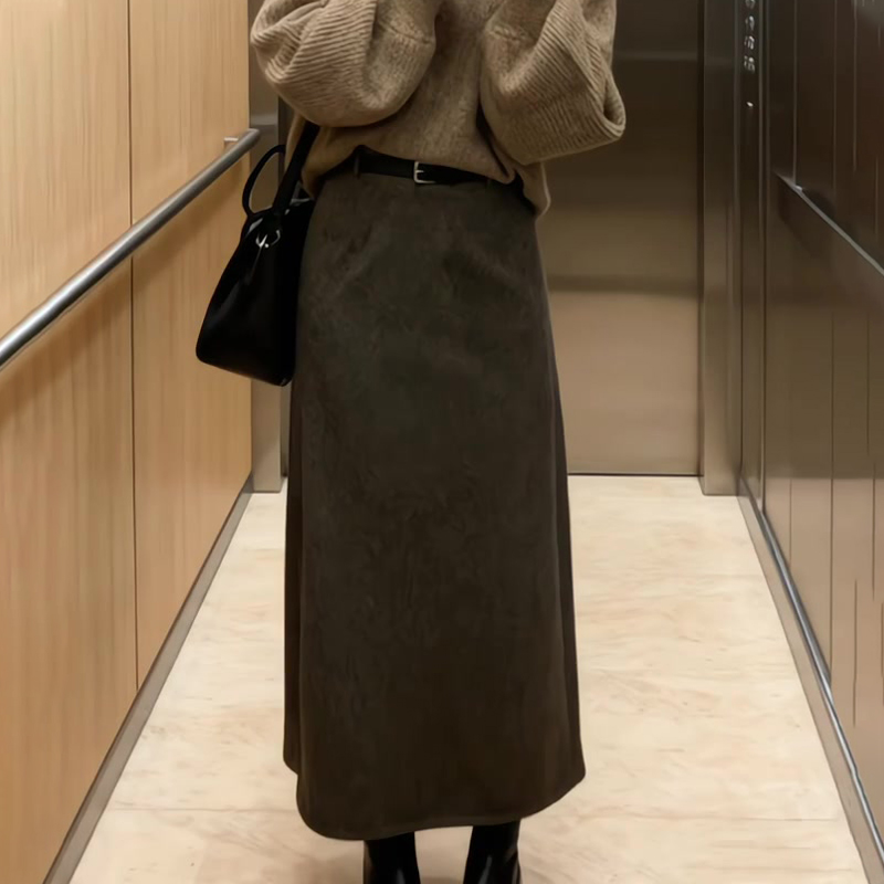 欧货高端定制栗色毛呢大码半身裙