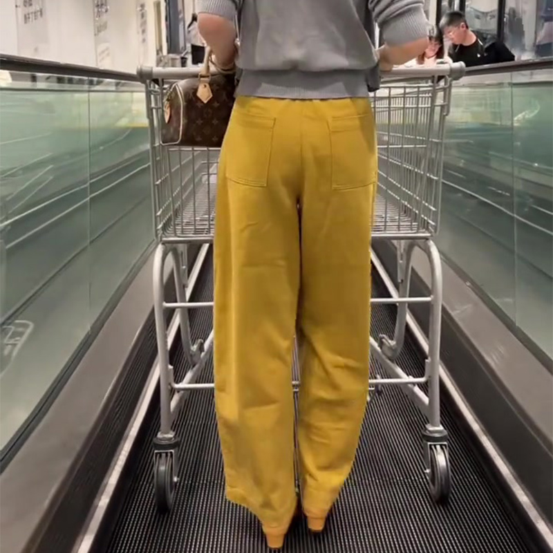 黄色休闲风高级感高腰大码阔腿裤