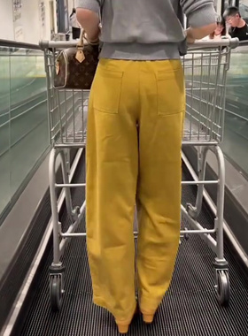 黄色休闲风高级感高腰大码阔腿裤女2025冬季新款百搭显瘦直筒裤子