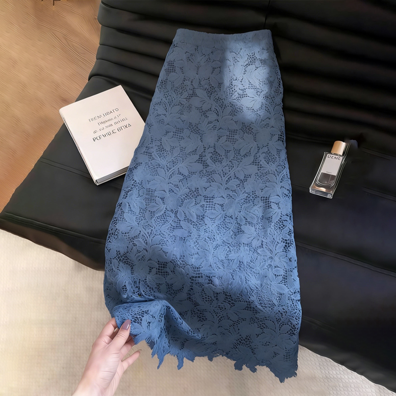 欧货高端定制雾霾蓝蕾丝大码半身裙女2026夏季新款法式温柔A字裙