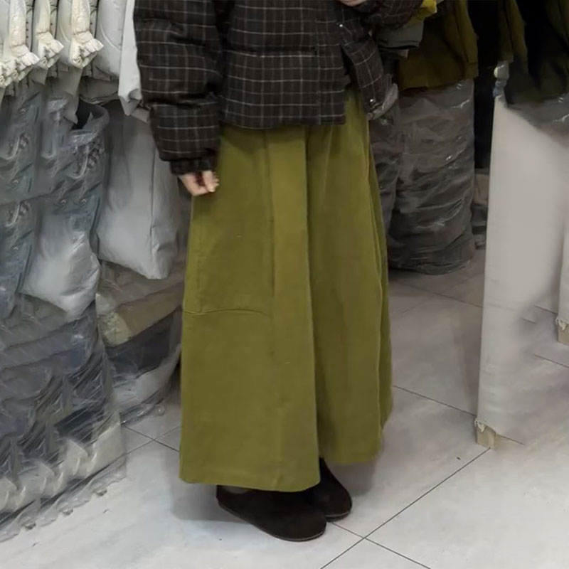 高端定制绿色灯芯绒大码阔腿裤女