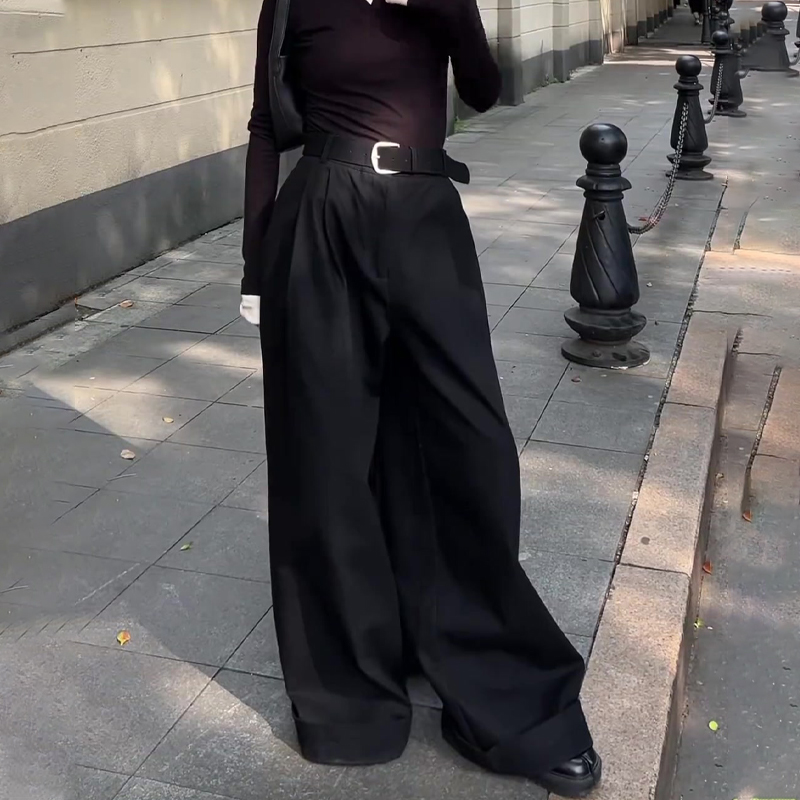 欧货高端定制黑色毛呢阔腿西装裤