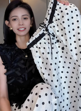 韩版白色波点松紧腰直筒裤女2026