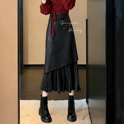欧货高端定制黑色大码半身皮裙女