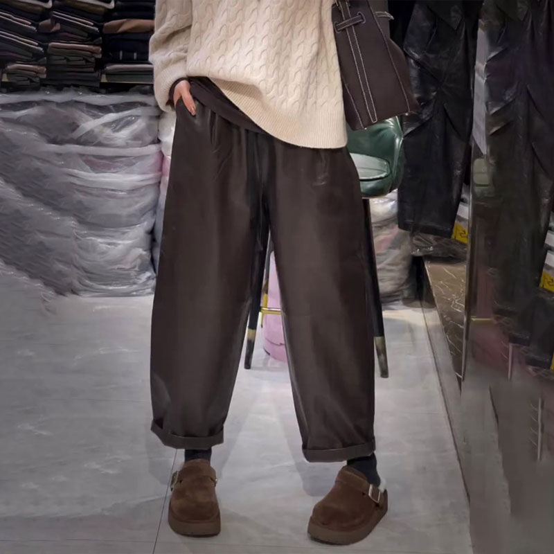 欧货高端定制咖色大码阔腿皮裤女