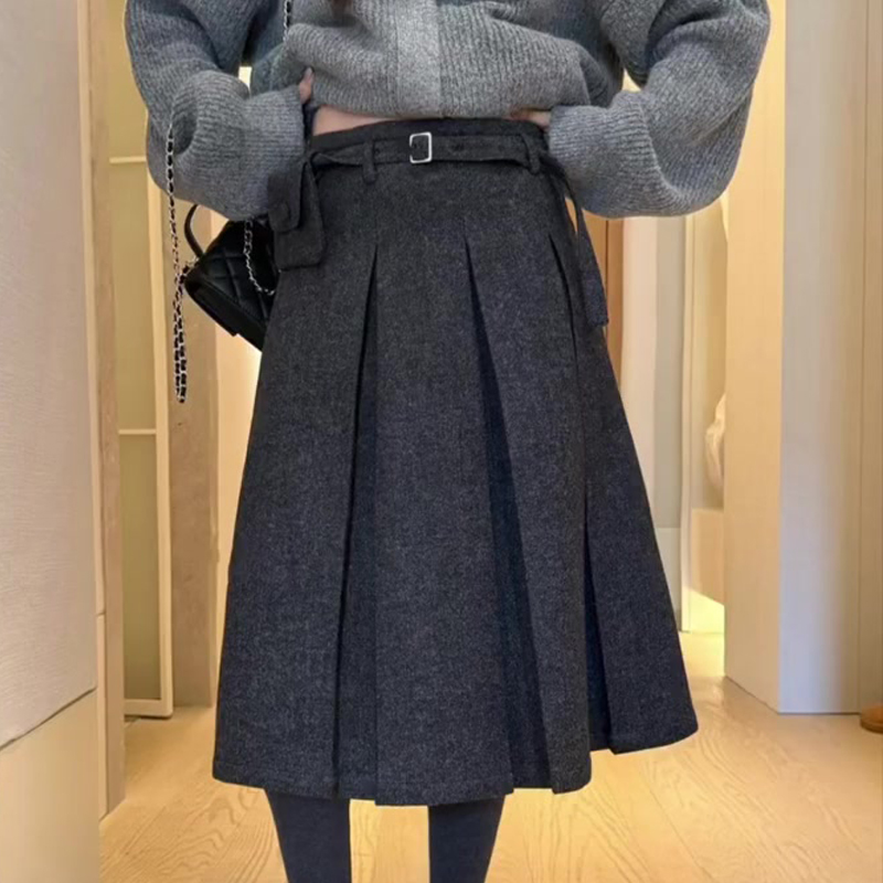 高端定制深灰色毛呢大码半身裙女