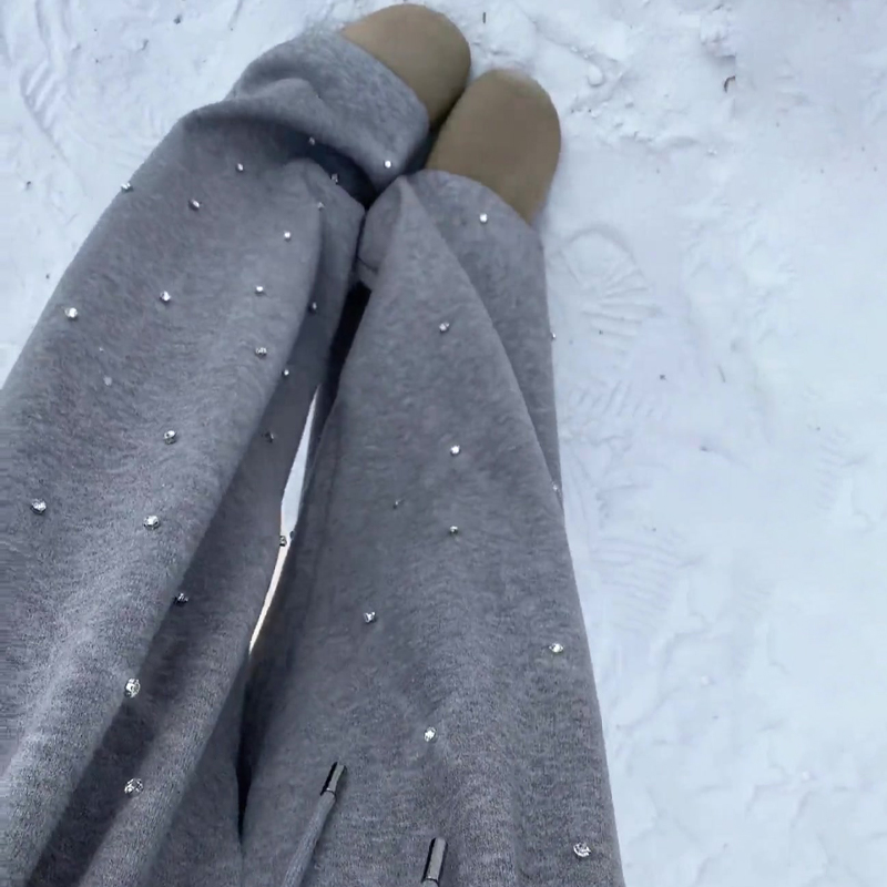 银灰色烫钻高腰阔腿休闲裤女