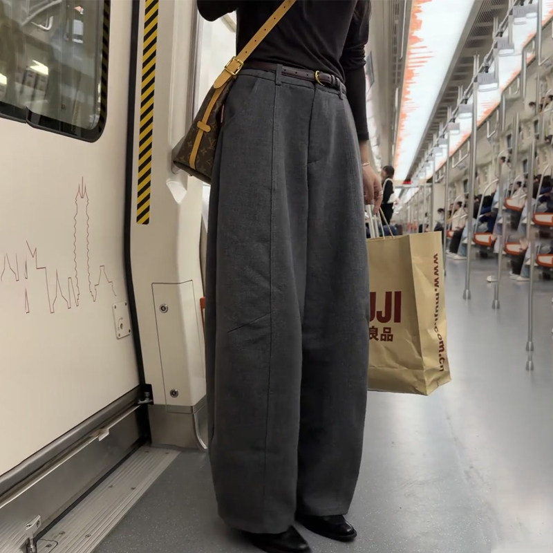 欧货高端定制灰色毛呢大码阔腿裤