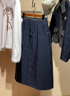 欧货高端定制藏蓝色大码半身棉裙女2025冬季新款加厚减龄a字裙子