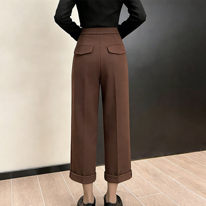 欧货高端定制棕色毛呢大码阔腿裤女2026早春新款卷边休闲直筒裤子,女装/女士精品,大码裤装,淘宝优惠券,粉丝福利购,淘宝优惠卷