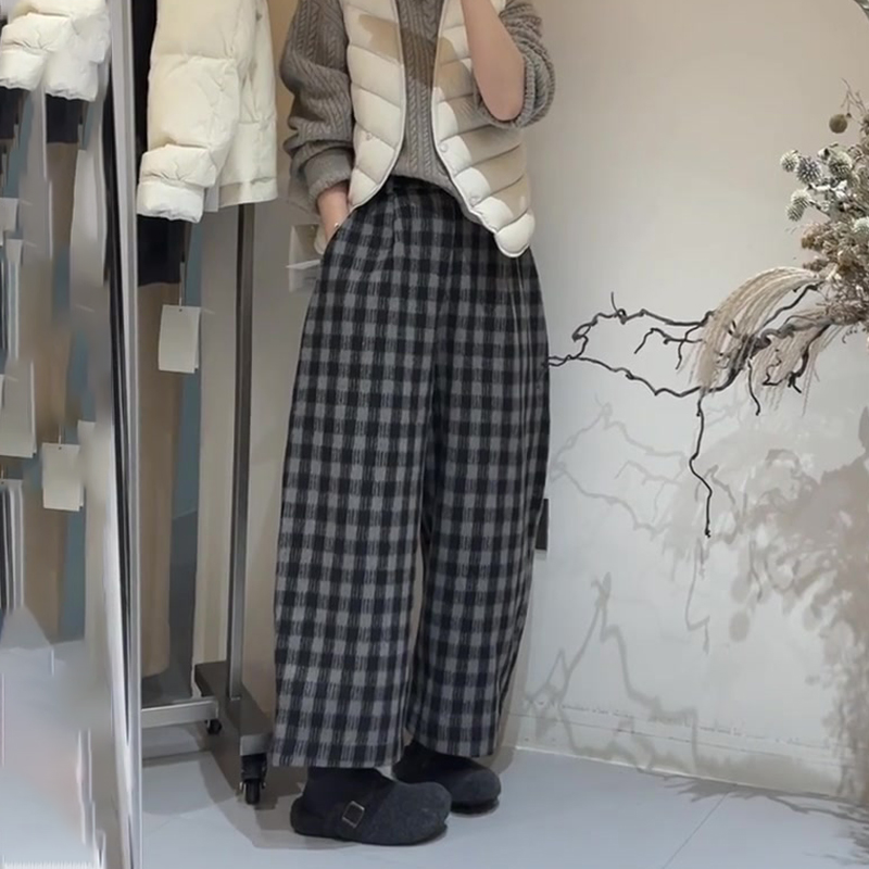 欧货高端定制灰色格纹大码阔腿裤