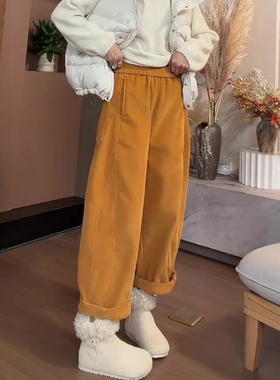 欧货高端定制橙色灯芯绒大码阔腿裤女2025冬季新款加厚休闲裤