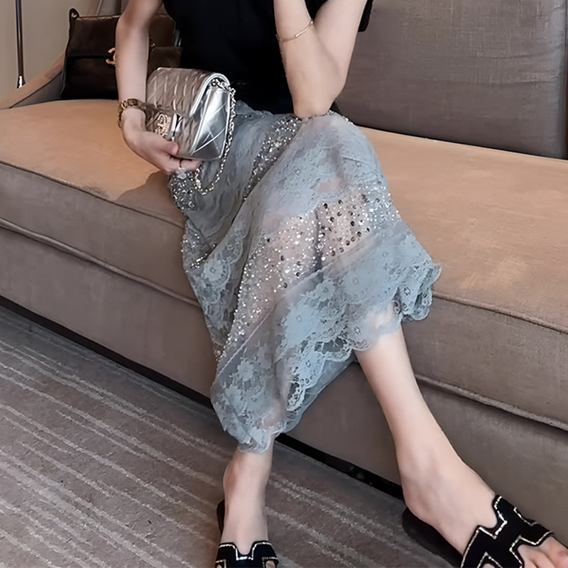 欧货重工蕾丝烫钻镂空设计感长裙