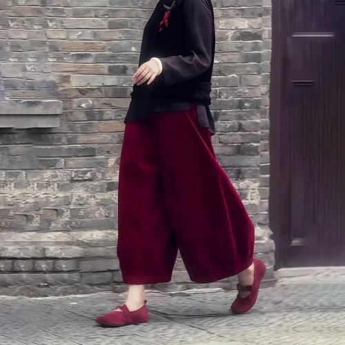 欧货高端玫红色大码九分阔腿裤女