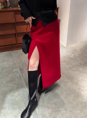 欧货高端定制红色开叉大码半身裙女2025冬季新款加厚小众A字裙子