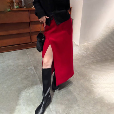 高端定制红色开叉大码半身裙女