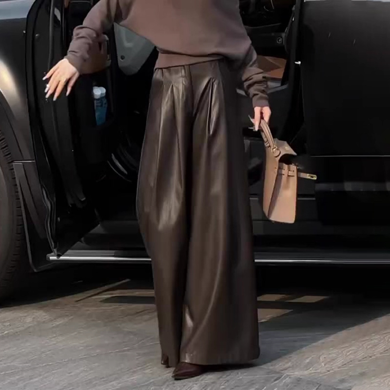 欧货高端定制棕色大码阔腿pu皮裤