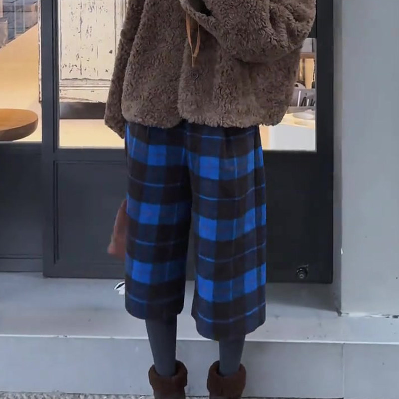 高端定制蓝黑色毛呢大码阔腿裤女