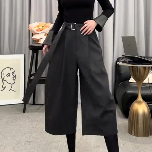 欧货高端定制黑色毛呢西装八分裤