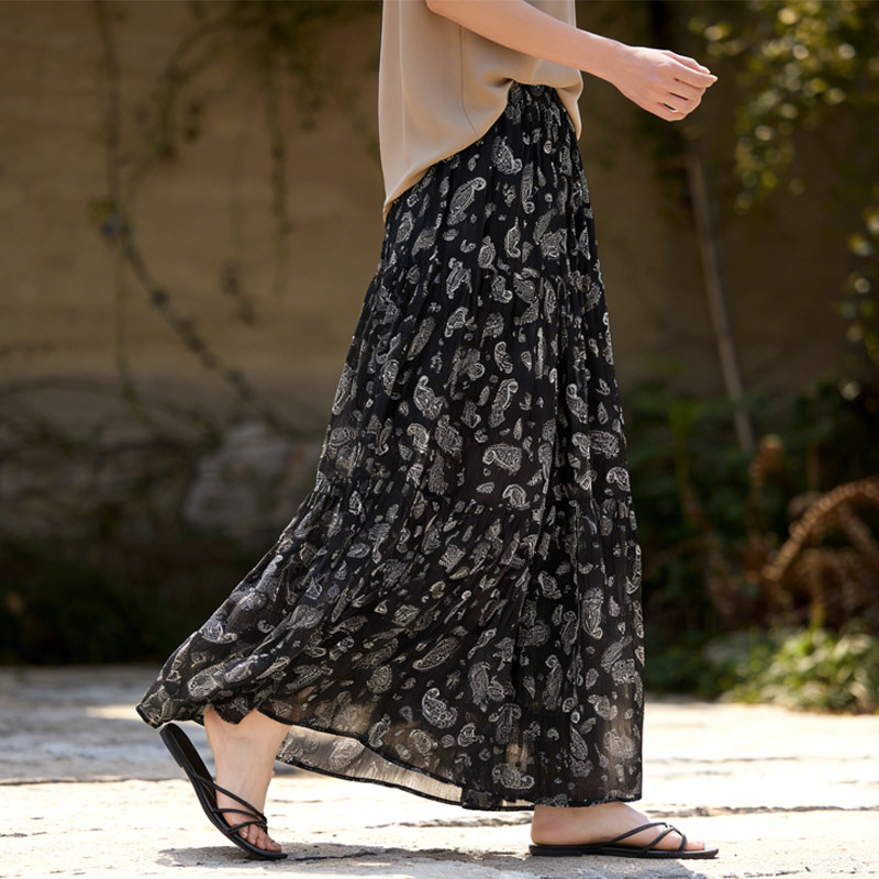 欧货高端定制黑色雪纺大码半身裙女2026早春新款轻熟腰果花大摆裙,女装/女士精品,大码半身裙,淘宝优惠券,粉丝福利购,淘宝优惠卷
