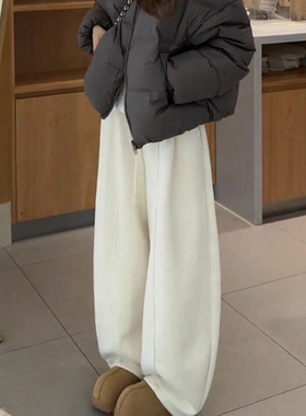 欧货高端定制白色毛呢大码阔腿裤女2025冬季新款加厚慵懒休闲卫裤
