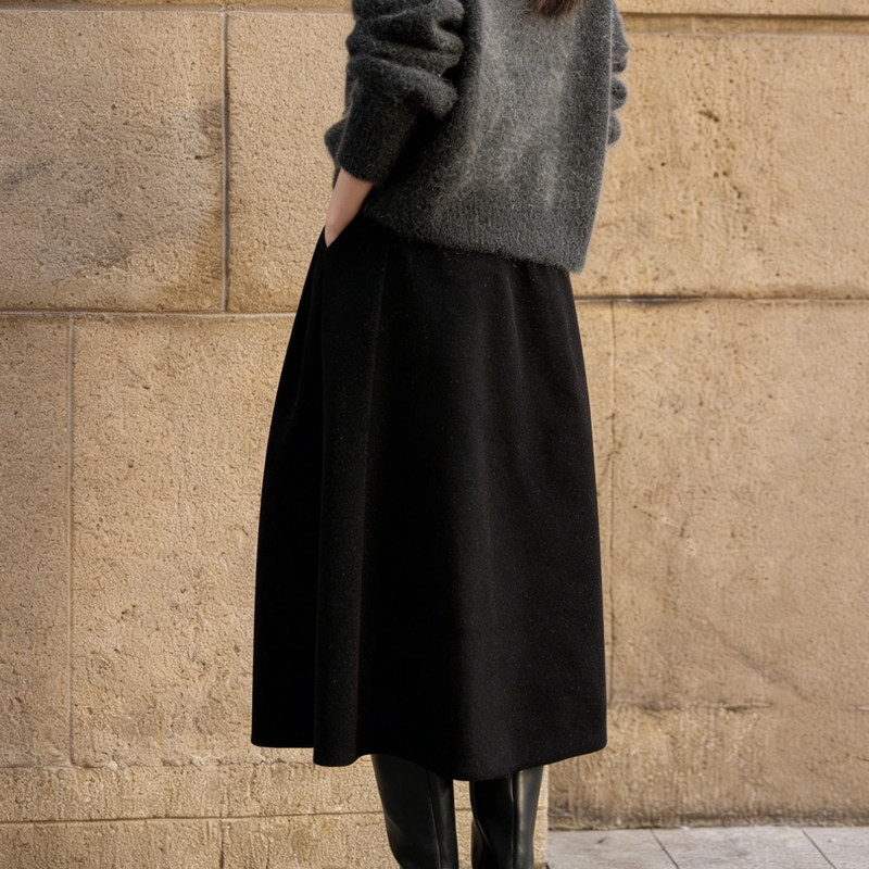 欧货高端定制黑色毛呢大码半身裙女2026早春新款极简风百搭A字裙,女装/女士精品,大码半身裙,淘宝优惠券,粉丝福利购,淘宝优惠卷