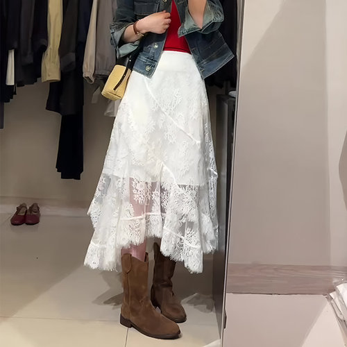 欧货正品白色蕾丝不规则设计长裙