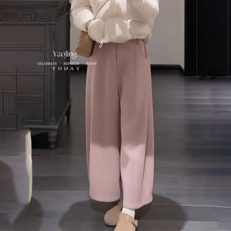 欧货高端定制粉色大码阔腿裤女2025冬季新款加厚慵懒风直筒休闲裤,女装/女士精品,大码裤装,淘宝优惠券,粉丝福利购,淘宝优惠卷