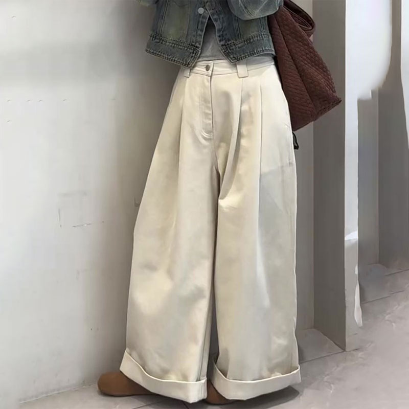 欧货高端褶皱白色大码阔腿裤女