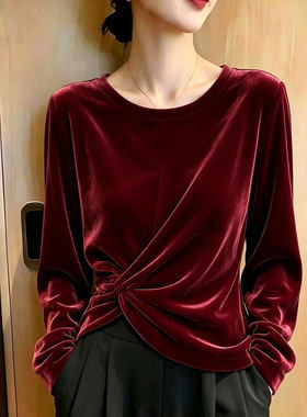 欧货高端酒红色圆领丝绒大码上衣