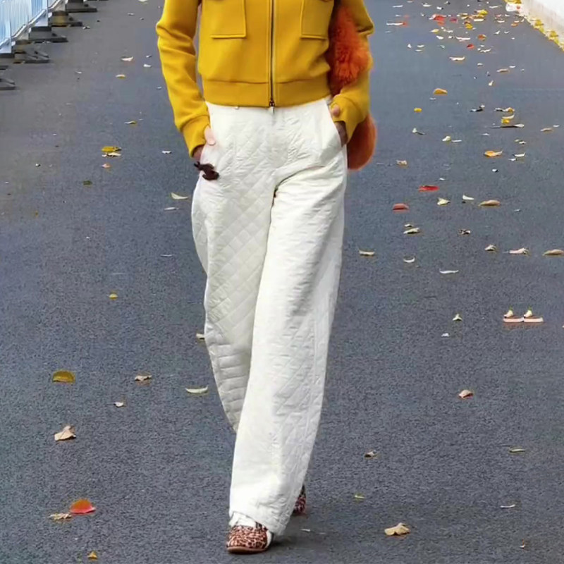 高端定制白色菱格夹棉大码阔腿裤