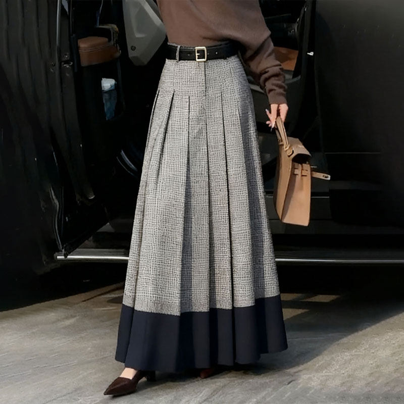 高端定制灰色格子拼接大码半身百褶裙女2025冬季新款加厚A字长裙,女装/女士精品,大码半身裙,淘宝优惠券,粉丝福利购,淘宝优惠卷