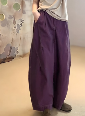 欧货正品紫色简约感棉麻休闲裤女2025年秋季新款修身时尚风阔腿裤