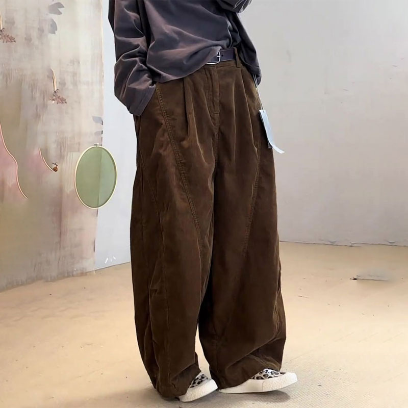 欧货高端棉麻咖色大码阔腿裤女