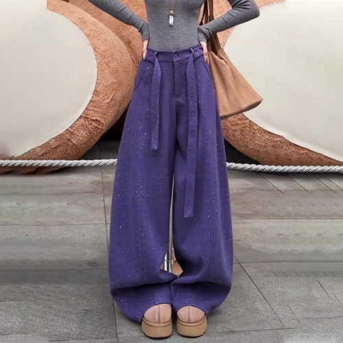 高端定制紫色毛呢大码细闪阔腿裤