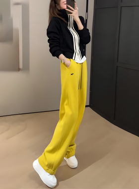 黄色大码时尚百搭休闲裤卫裤女2025年春季新款抽绳潮牌气质弯刀裤