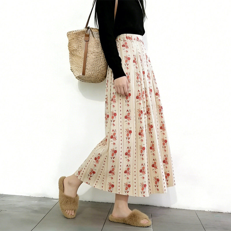 欧货高端定制米白色大码半身裙女2026早春新款红色碎花轻熟百褶裙,女装/女士精品,大码半身裙,淘宝优惠券,粉丝福利购,淘宝优惠卷